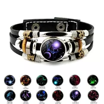 12 Созвездие Кожаный Браслет Ручной Работы Тканый Многослойный Панк Двенадцать Зодиакальных Пара Браслет