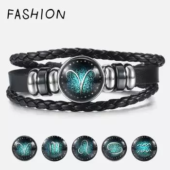 12 созвездий кожаный браслет для мужчин женщин браслеты из нержавеющей стали с подвесками ювелирные изделия подарки Aries