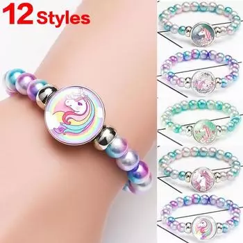 12 стилей, браслеты и браслеты со стеклянными бусинами в виде радужного единорога для детей, аксессуары для вечеринок, подарки H01