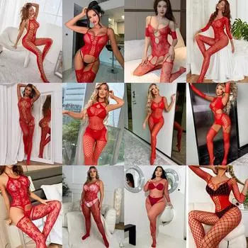 12 стилей модного красного нижнего белья, женская цельная пижама, одежда для брачной ночи, эротические чулки для горячих любовников с рыболовной сетью XXS