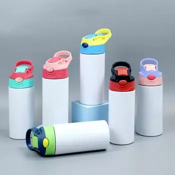 12 унций Сублимационная прямая чашка-непроливайка с откидной крышкой, детская бутылка из нержавеющей стали, стакан для воды с двойными стенками и соломенной бутылкой-непроливайкой 12oz