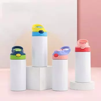 12 унций Сублимационная прямая чашка-непроливайка с откидной крышкой, детская бутылка из нержавеющей стали, стакан для воды с двойными стенками и соломенной бутылкой-непроливайкой 12oz