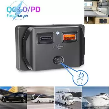 12 В-24 В Автомобильное зарядное устройство для телефона с переключателем PD QC3.0 Быстрое автомобильное зарядное устройство Водонепроницаемая розетка адаптера питания для быстрой зарядки для лодки, грузовика, мотоцикла на колесах