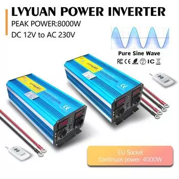 12 В/24 В до 220 В пульт дистанционного управления чистая синусоида номинальная мощность 4000 Вт розетка ЕС автомобильный блок питания двойной светодиодный дисплей инвертор 220 В для кемпинга 12V 220V 50Hz EU Socket синий