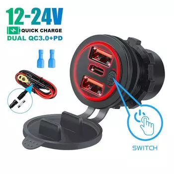 12 В/24 В Dual QC 3.0 + PD, 3 порта, автомобильное зарядное устройство, металлическая розетка, 60 Вт, USB C, несколько автомобильных зарядных устройств с сенсорным переключателем, быстрый автомобильный адаптер, предохранитель 60 см Without Wire красный