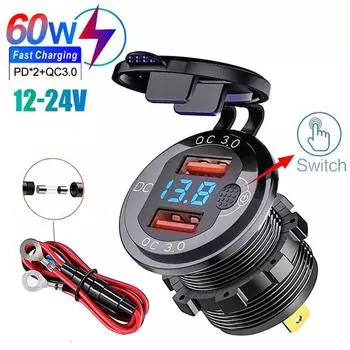 12 В/24 В, двойная USB-розетка QC3.0, автомобильное зарядное устройство, USB-разъем для прикуривателя, водонепроницаемая со светодиодным вольтметром, переключатель включения/выключения, адаптер для быстрой зарядки, автомобильные аксессуары NO 60CM Cable с