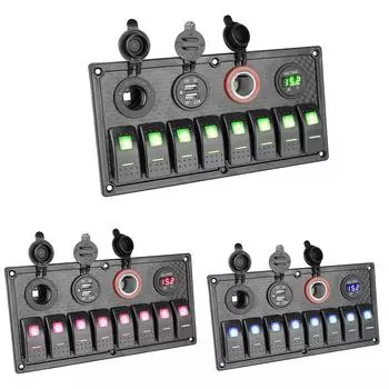 12 В/24 В многофункциональная 8-клавишная панель переключателей с двумя USB-разъемами для прикуривателя, автомобильный морской автофургон, светодиодный выключатель, цифровой вольтметр синий