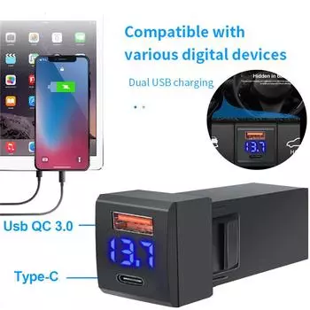 12 В-24 В PD+QC3.0 USB Type C Мини Автомобильное зарядное устройство Адаптер Напряжение Светодиодный дисплей Модифицированное автомобильное зарядное устройство ABS Телефон Зарядное устройство для Toyota чёрный