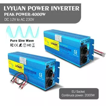12 В/24 В постоянного тока до 220 В-230 В, 2000 Вт/4000 Вт, чистая синусоида, розетка европейского стандарта, автомобильный преобразователь для кемпинга, 220 В, розетка европейского стандарта, инвертор мощности