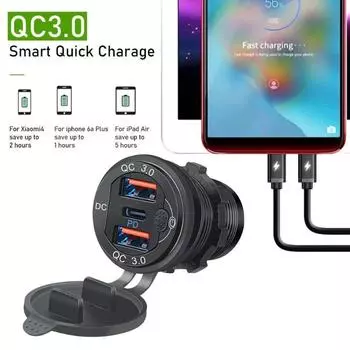 12 В/24 В тройной алюминиевый 81 Вт USB-C многофункциональное автомобильное зарядное гнездо PD3.0 и два порта QC3.0 с сенсорным переключателем для лодок, морских автофургонов, квадроциклов