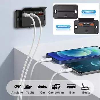 12 В 24 В USB-розетка для зарядки в автомобиле, двойной PD USB C-разъем, настенное крепление, аксессуары для автомобиля, лодки, морского кемпера, автофургона, грузовика, гольф-кара чёрный