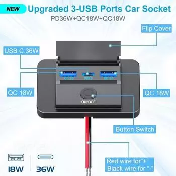 12 В 3 порта 72 Вт USB-розетка 36 Вт PD3.0 и QC3.0 USB-зарядное устройство панель настенное крепление с выключателем мульти USB-портовая розетка для автомобиля, морского грузовика