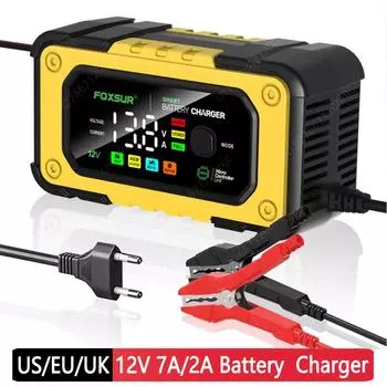 12 В 7A/2A полностью автоматическое зарядное устройство для автомобильного аккумулятора с ЖК-дисплеем, импульсное зарядное устройство для ремонта аккумуляторов Agm Gel Wet Lead Acid для зарядки ЕС/США/Великобритания