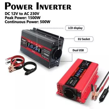 DC 12V в AC 220V 230V 500W номинальная/1500W пиковая ЖК-дисплей автомобильный инвертор зарядное устройство преобразователь EU розетка автомобильные аксессуары источник питания 220V инвертор 12V 230V EU Socket красный