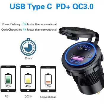 12 В прикуриватель, быстрая зарядка PD QC3.0, USB-зарядное устройство, розетка с кнопочным переключателем для автомобиля, лодки, морского автофургона, гольф-кара красный