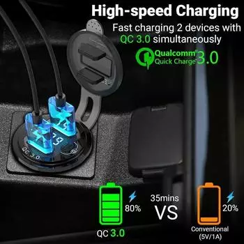 12 В USB-адаптер для розетки 36 Вт, быстрая зарядка 3.0, двойное автомобильное зарядное гнездо USB с цифровым вольтметром для морских лодок, мотоциклов, грузовиков