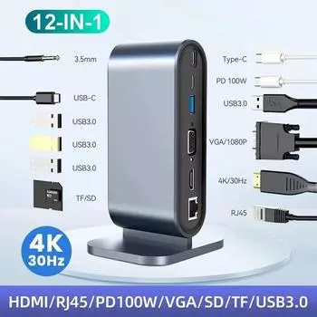 12 в 1 док-станция типа C PD 100 Вт USB C концентратор Type C на HDMI-совместимый адаптер 4K 30 Гц VGA RJ45 SD/TF кард-ридер USB 3.0 разветвитель для ПК ноутбука