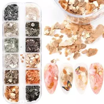 12 видов нерегулярных хлопьев ракушек, ломтики ногтей, блестки, слюдяные ломтики мрамора, 3D-подвески, украшения для дизайна ногтей «сделай сам»