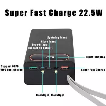 12 x 18650 Power Bank для чехла 22,5 Вт, аккумулятор для быстрой зарядки мобильного телефона, внешний аккумулятор, черный, белый, 15 Вт, беспроводной, DIY, аккумулятор 10W чёрный