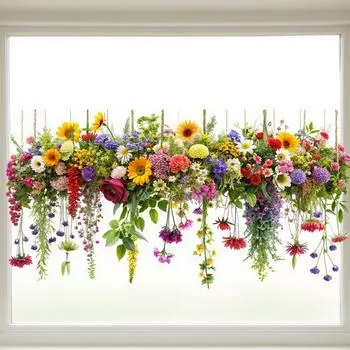 12’ X 24‘ Sunlight Colorful Static Glass Stickers, Fresh Retro Flower Vine Double-sided Visual Window Stickers One Size