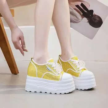 12CM Air Mesh Genuine Leather Vulcanize New Summer High Brand Platform Wedge Chunky Sneaker Loafer Comfy Vulcanize Women Shoes 33