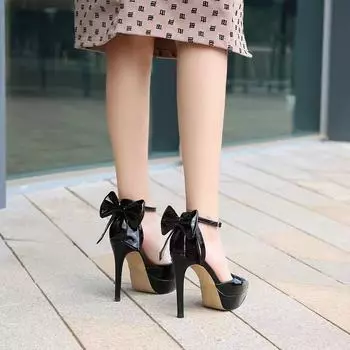 12Cm black waterproof table hollow thin heel small temperament women bow word with super high heels sandals women 34