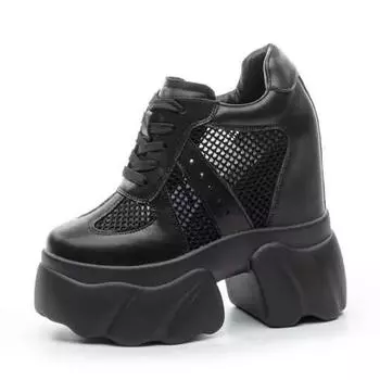 12CM Women Summer Air Mesh Genuine Leather Shoes Vulcanize Platform Wedge Microfiber Ultra Platform Wedge Hollow Slides Sandals 34