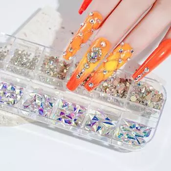 12Grids/Box Nail Art Rhinestone Flat Back Non-Drop Lightweight Mixed Colorful AB Nail Art Glitter Decorations for Manicure 8