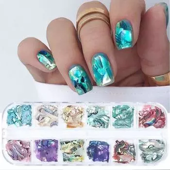 12Grids Nails Abalone Shell Fragments Texture Natural Sea 3d Charm Nail Art Decoration Slice DIY Beauty Salon Tools
