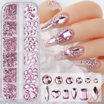12Grids розовые смешанные стразы для ногтей роскошные подвески для ногтей блестящие хрустальные украшения драгоценные камни нейл-арт украшения маникюрные стразы R#Q