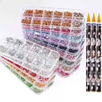 12Grids SS6-SS30 смешанные стразы для ногтей прозрачные/золотые/AB бриллиантовые камни для ногтей плоские стеклянные камни подвески для ногтей с восковой ручкой-пипеткой