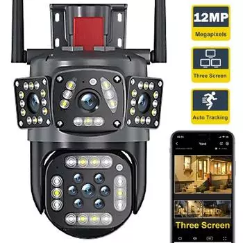 12MP 6K уличная Wi-Fi камера с тремя экранами, IP-камера с отслеживанием движения Ai, PTZ, обзор на 360°, охранная камера видеонаблюдения