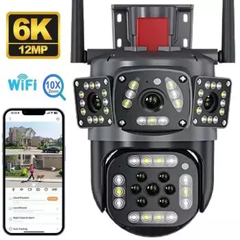 12MP PTZ WiFi 6K камера с тремя объективами, уличная камера с тремя экранами, защита, обнаружение движения, уличные IP-камеры видеонаблюдения