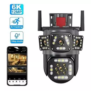 12MP PTZ WiFi 6K камера с тремя объективами, уличная камера с тремя экранами, защита, обнаружение движения, уличные IP-камеры видеонаблюдения