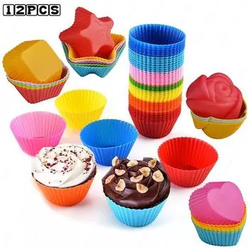 12PC Silicone Cake Pan Muffin Round Heart Square Star Rose Shape High Temperature Resistant Multi-Functional DIY Baking Mold 12PCS Green