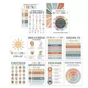 12Pcs Children Emotional Posters Set Mood Charts Emotions Poster for Kids Calm Down Corner Supplies for Preschool School 1 Set