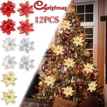 12Pcs Christmas Poinsettia Christmas Tree Flowers Ornaments Decorative Glittery Flowers Decorations with Clips for Home Decor