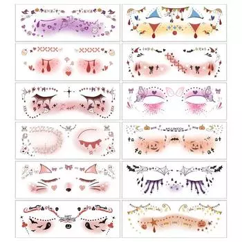 12pcs Disposable Halloween Face Tattoo Waterproof Long-acting Cheek Temporary Stickers Portable Terrifying Bat Face Stickers Men