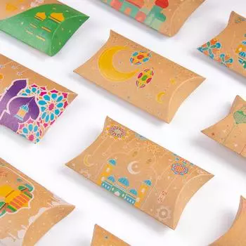 12pcs Eid Mubarak Gift Kraft Bag Box Pillow Shape Candy Box Ramadan Kareem Decoration Gift Packaging Muslim Islamic Party favor 12x7cm
