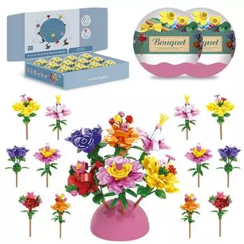 12PCS Flowers Blind Box Eggs Building Block Bouquet Model Set Christmas Stocking Stuffers Kid Classroom Prizes Party Favors Gift