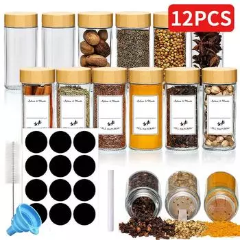12Pcs Glass Spice Jars with Bamboo Lid Round Spice Seasoning Containers Salt Pepper Shaker Spice Organizer Kitchen Spice Jar Set