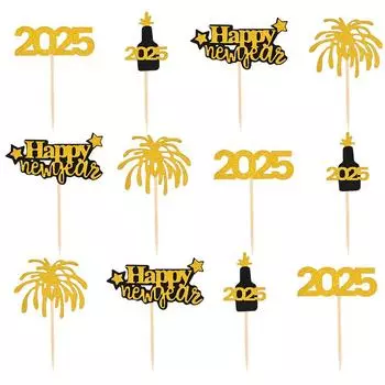 12pcs Glitter Gold Happy New Year 2025 Cupcake Topper Glitter Firework Cake Decor New Year s Eve Party Decoration Christmas Gift