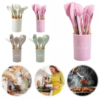12Pcs Kitchen Utensil Set Silicone Spatula Set with Holder Non-Stick Spatula Set Spatula Spoon Brush Whisk for Home Kitchen хаки