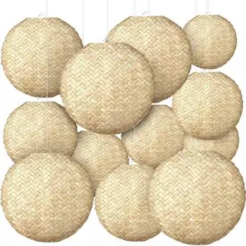12pcs Rural Bamboo Weaving Style Paper Lanterns Wedding Decoration Farm Decoration Coarse Linen Style Hanging Paper Lanterns 12pcs