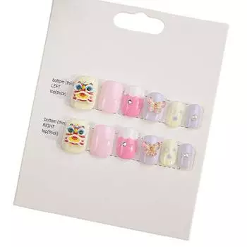 12Pcs/set Lion Dance Children New Year False Nails Full Cover Nail Art Tips Red Pink Color Kids Cartoon Fake Nails