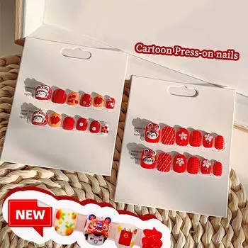 12Pcs/set Lion Dance Children New Year False Nails Kids Fake Nail Extension DIY Nail Art StyleB