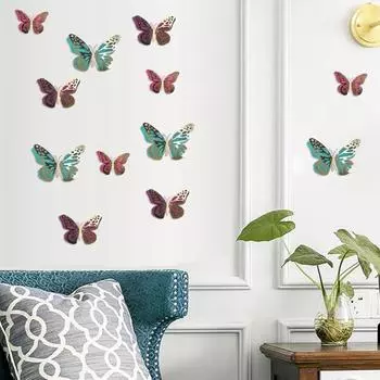 12 шт./комплект настенных наклеек, двухслойные съемные бумажные художественные настенные блестящие наклейки-бабочки для дома розы красного