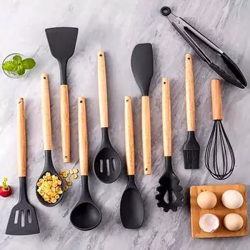 12Pcs Silicone Kitchen Utensils Wooden Handle Silicone Kitchen Utensils Non-stick Pan Cooking Spatula Baking Storage Tool