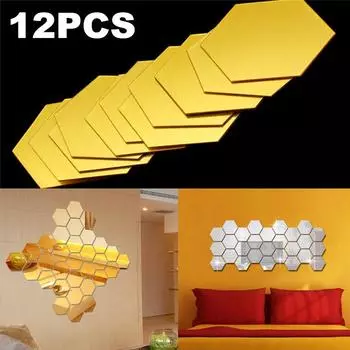 12шт 3D зеркало шестиугольник винил съемный стикер стены наклейка домашний декор искусство XS золотой