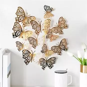12шт полые 3D бабочки стикер стены наклейка гостиная кафе спальня декор золотистый